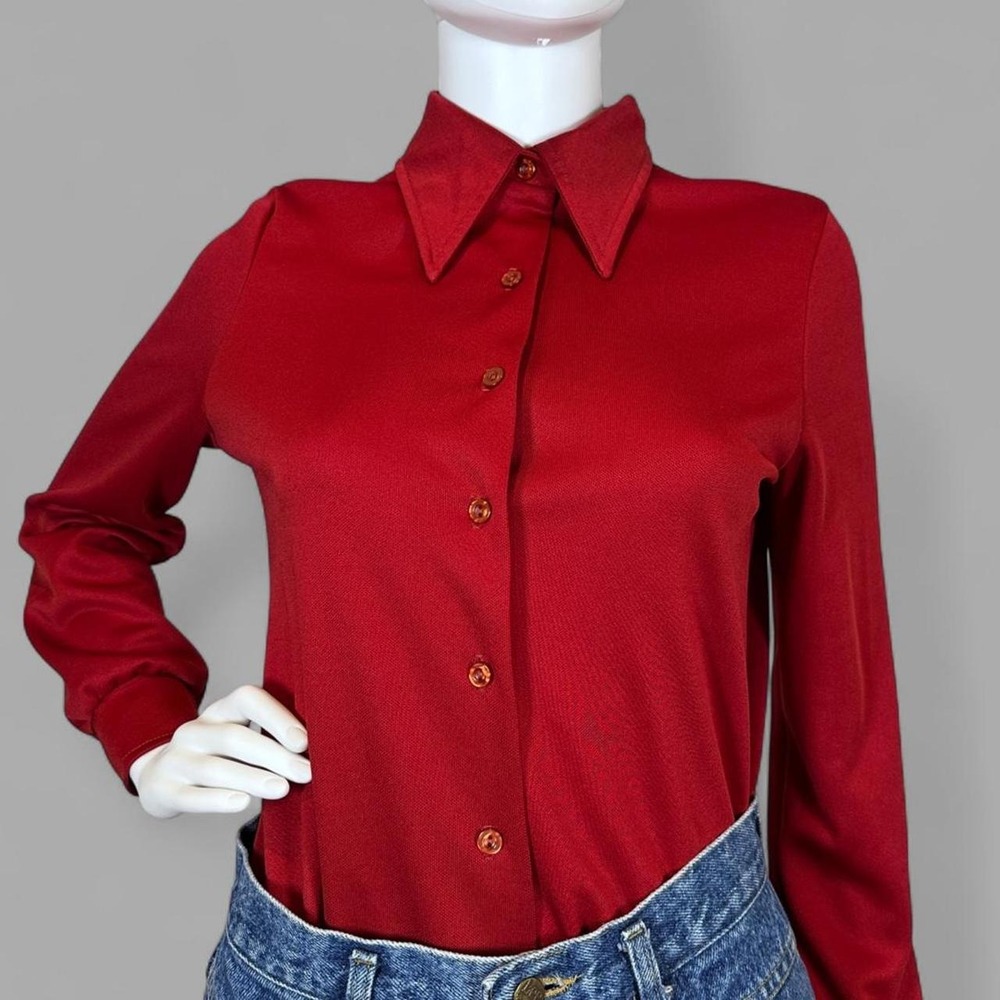 Vintage 70s Devon Red Dacron Polyester Dagger Collar Button Up Blouse Womens M